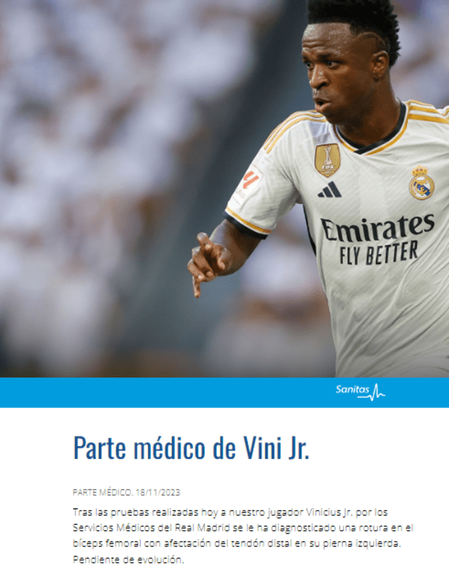 Parte médico sobre Vinícius Jr. Foto: Real Madrid. 