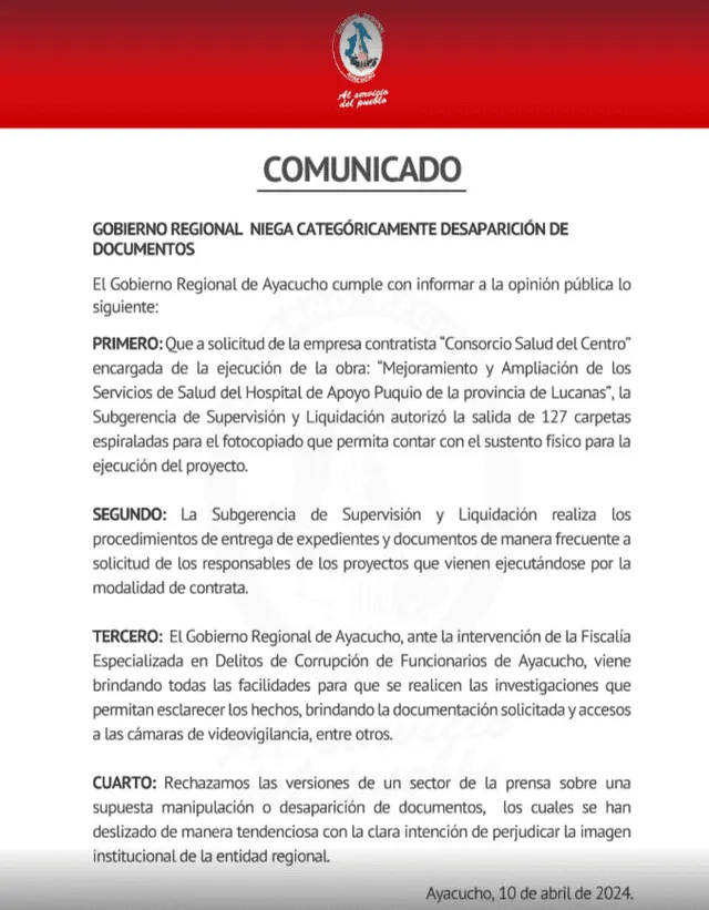 Comunicado del Gobierno Regional de Ayacucho.   