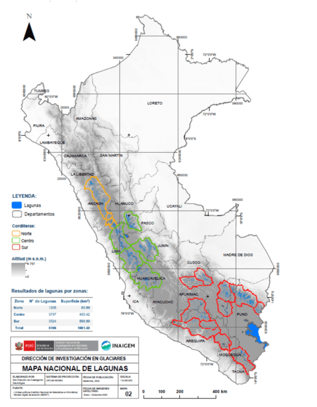 Mapa de distribución de lagunas de origen glaciar en Perú. Foto: Inaigem 