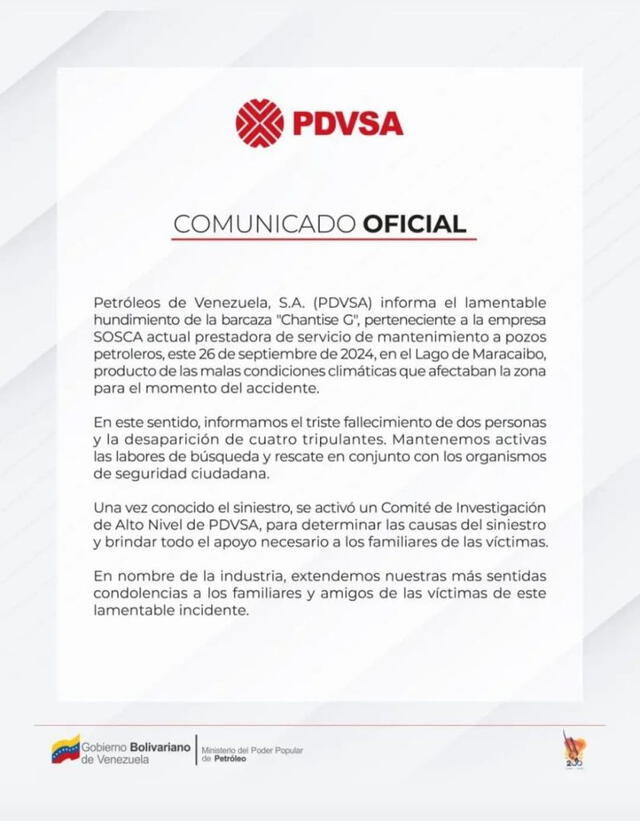 Petróleos de Venezuela emitió un comunicado explicando lo sucedido con el Chantise G. Foto: PDVSA