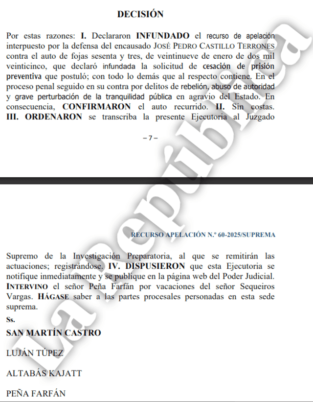 Resolución en contra de apelación de Pedro Castillo. Resolución en contra de apelación de Pedro Castillo.