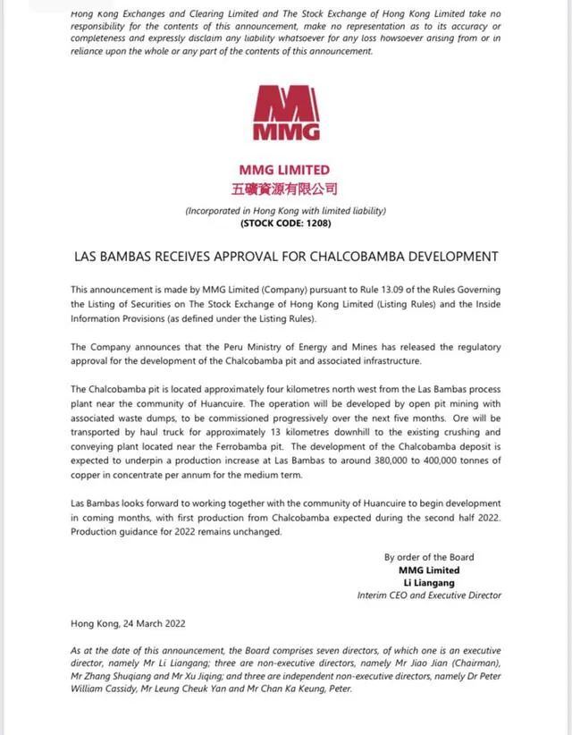 Comunicado de MMG presentado a la Bolsa de Hong Kong. Foto: MMG
