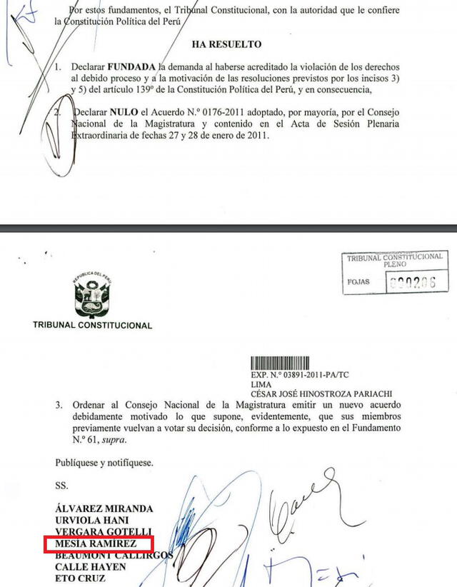 Sentencia del TC favorable a César Hinostroza en el 2012, firmada por Carlos Mesía, candidato de Fuerza Popular al Congreso.