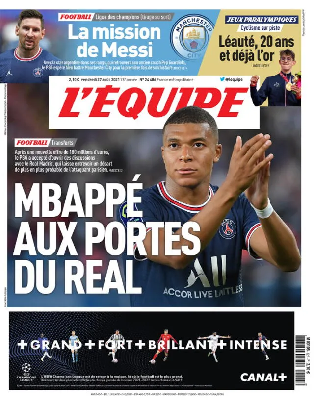 L'Équipe también dio por hecho la llegada de Mbappé al Real Madrid.