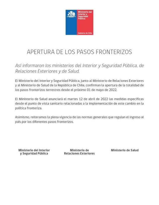 Comunicado ministerios de Chile. Foto: difusión