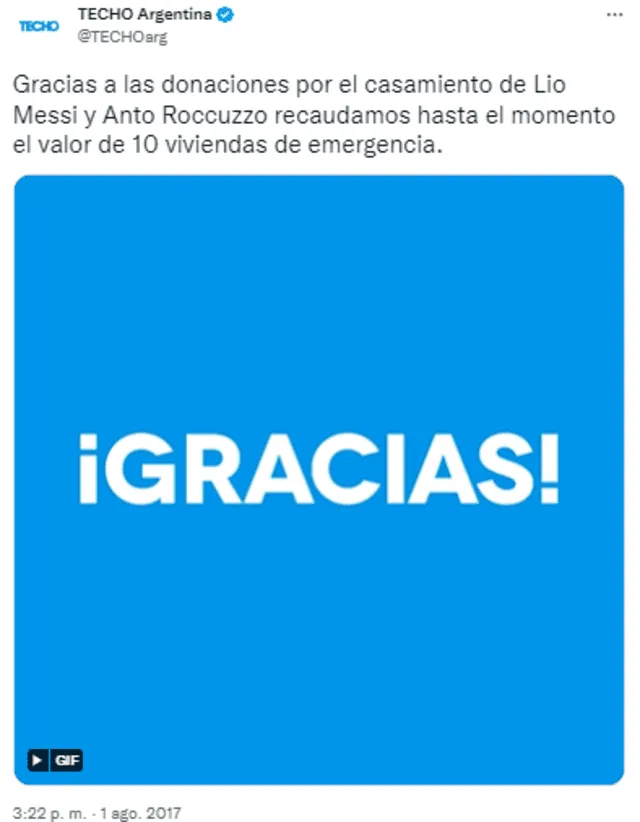 La ONG Techo agradeció el gesto de Lionel Messi y Antonella Roccuzzo