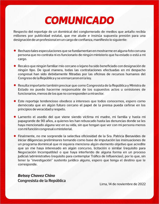 Comunicado de Betssy Chávez. Foto: documento