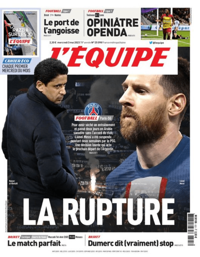 Portada del diario francés. Foto: L'Equipe. Portada del diario francés. Foto: L'Equipe.