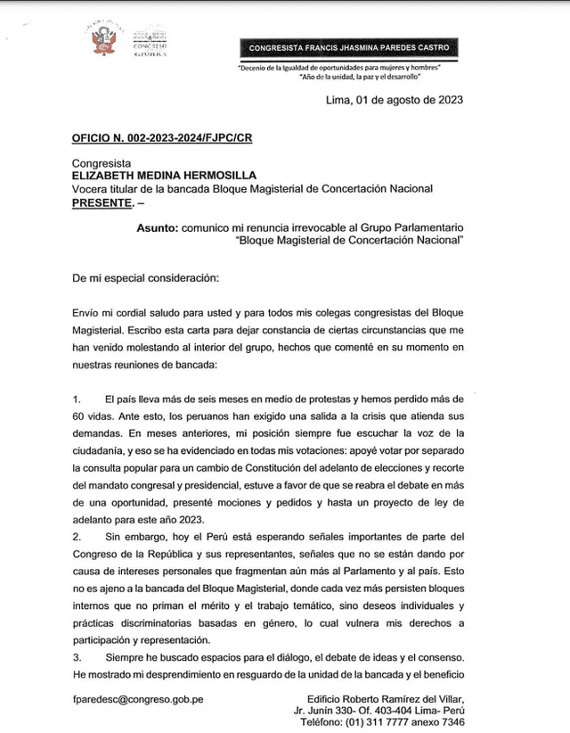  Carta de renuncia de Francis Paredes a Bloque Magisterial. Foto: Twitter/ Wilber Huacasi<br> 