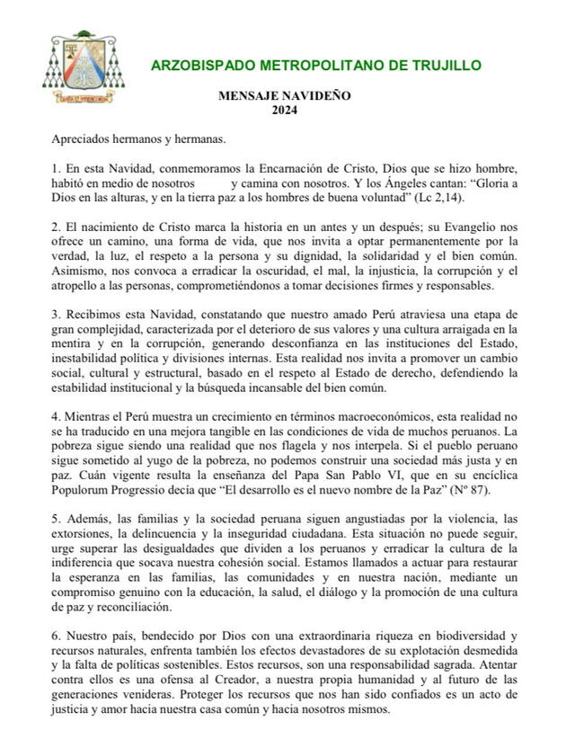 Comunicado del arzobispado de Trujillo por medio de monseñor Miguel Cabrejos 