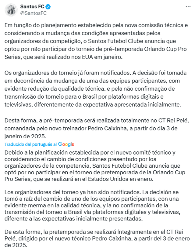  Santos descarta gira internacional en Estados Unidos. Foto: Twitter   