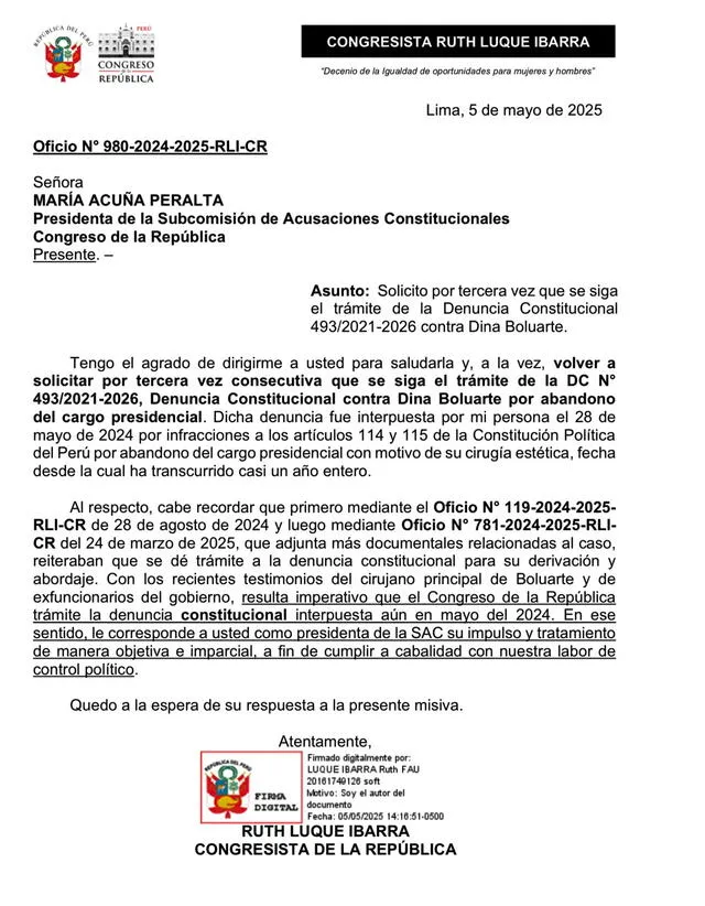 Tercer pedido de la congresista Ruth Luque. Tercer pedido de la congresista Ruth Luque.