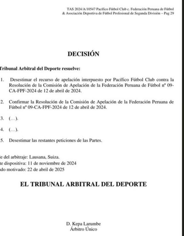 Comunicado del TAS Foto: TAS   