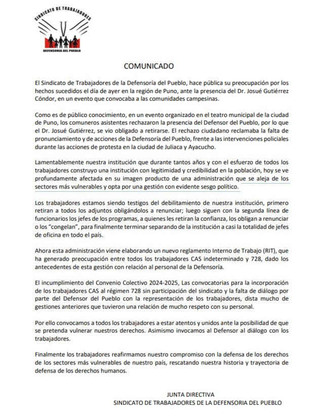  Comunicado del Sindicato de la Defensoría del Pueblo.   