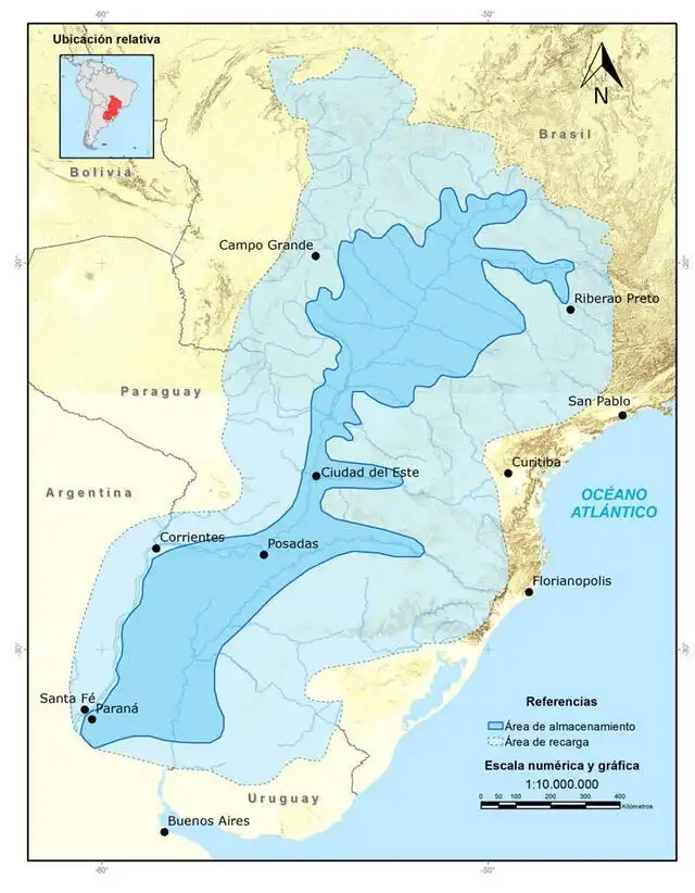 De esta manera se presenta el Acuífero Guaraní en América Latina, considerado una de las mayores reservas de agua dulce del planeta. Imagen: Aquabook.   