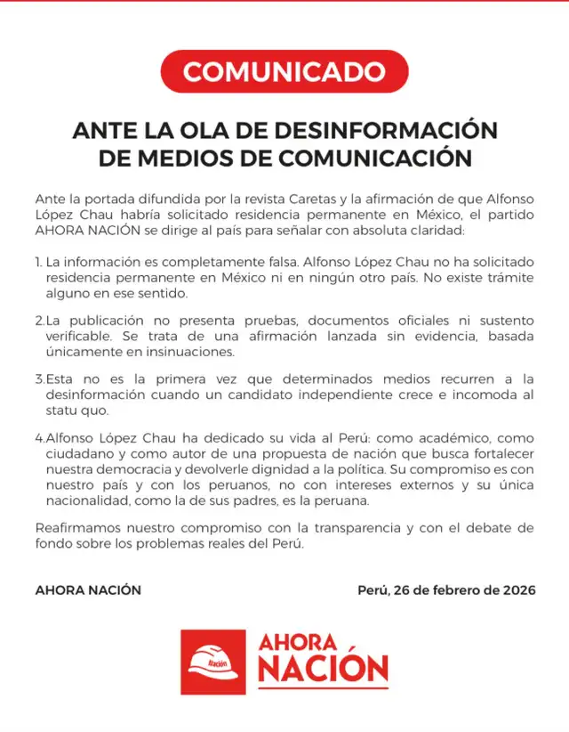 El Partido Ahora Nación señaló como falso el informe de Caretas. Foto: X 