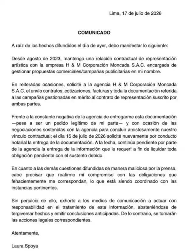 Comunicado emitido por Laura Spoya tras reportaje de 'Magaly TV: la firme'. Foto: Instagram. Comunicado emitido por Laura Spoya tras reportaje de 'Magaly TV: la firme'. Foto: Instagram.