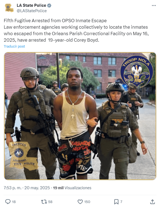 Corey Boyd, 19, became the fifth fugitive arrested after the May 16, 2025, escape from Orleans Parish Correctional Facility, as law enforcement agencies continue their coordinated efforts to capture all escapees. Photo: LA State Police X account Corey Boyd, 19, became the fifth fugitive arrested after the May 16, 2025, escape from Orleans Parish Correctional Facility, as law enforcement agencies continue their coordinated efforts to capture all escapees. Photo: LA State Police X account