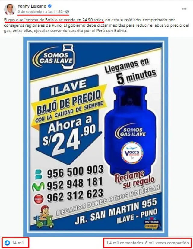 Posteo de Yonhy Lescano en el que comparte un anuncio desactualizado que promociona el balón de gas a un precio de S/. 24.90. FOTO: Captura de Facebook.