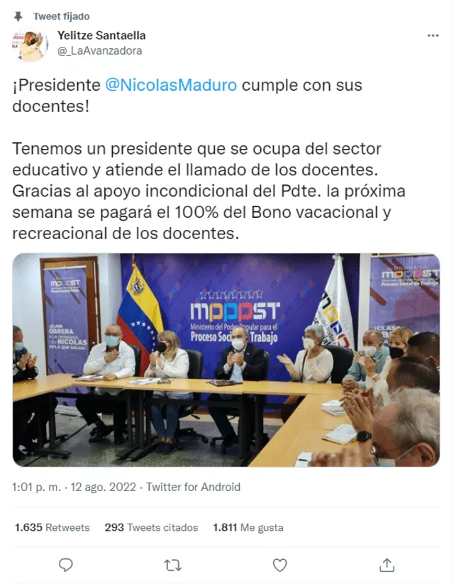 La ministra de Educación, Yelitze Santaella, informó sobre el pago del bono vacacional  a través de Twitter. Foto: captura Twitter