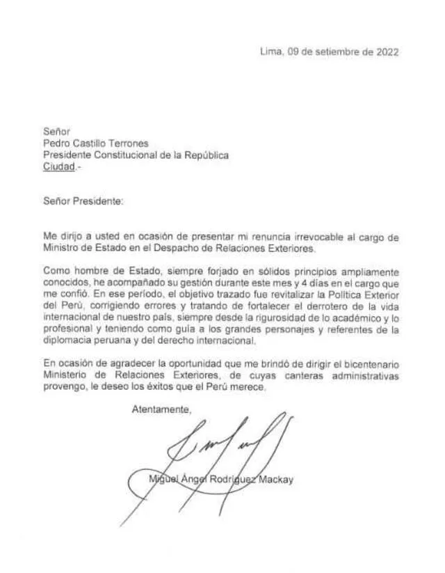 Carta de renuncia de Miguel Rodríguez Mackay