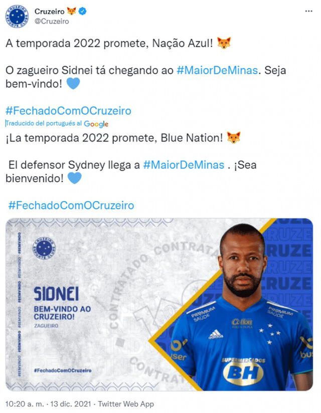 Sidnei firmó por Cruzeiro la segunda semana de diciembre.