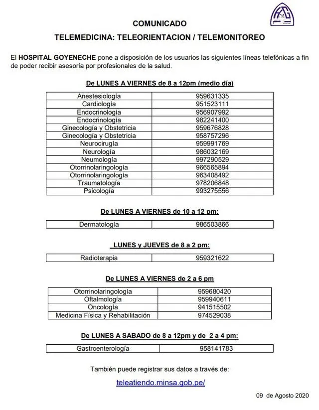 Hospital Goyeneche de Arequipa publicó lista de teléfonos.