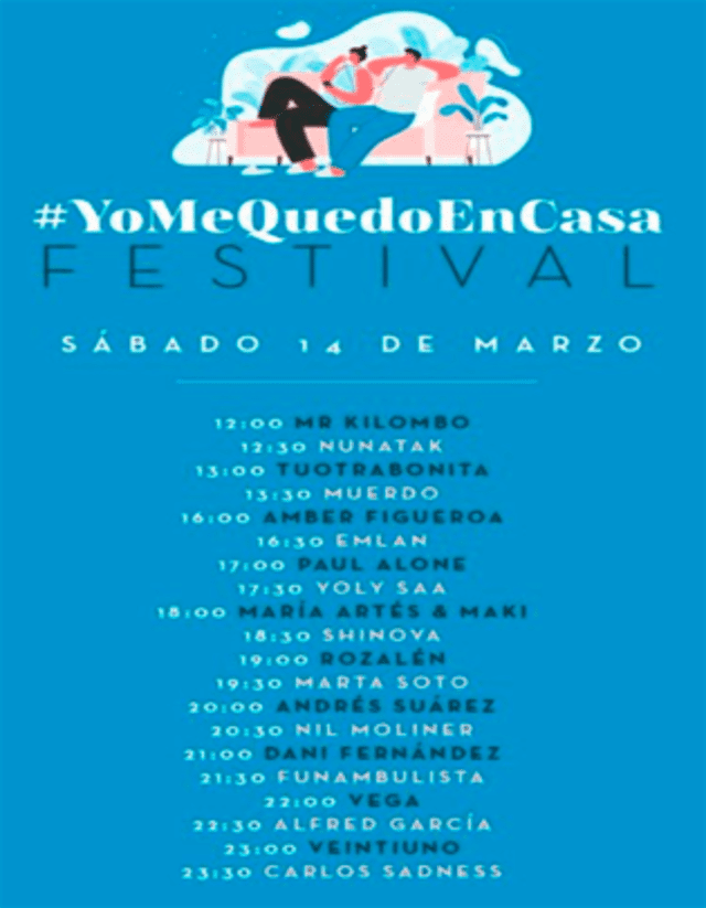 'Yo me quedo en casa Festival'. Horarios del 14 de marzo del festival / Warner Music Spain.