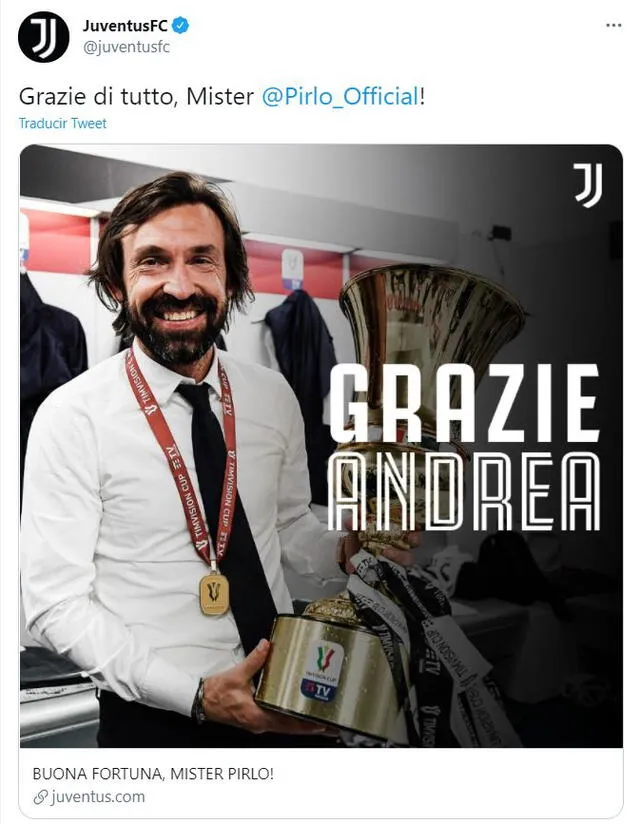 Juventus agradeció de esta manera los servicios de Andrea Pirlo durante la temporada 2020-2021. Foto: captura Twitter