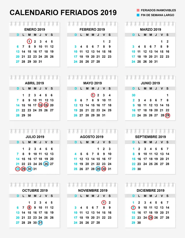 Calendario de días no laborables y feriados en Perú (2019).