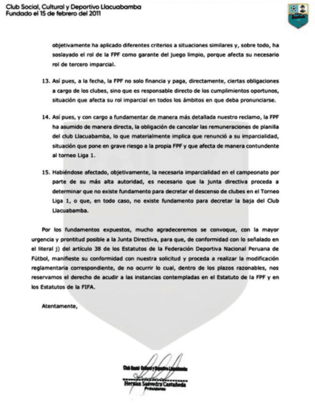 Comunicado de Deportivo Llacuabamba a la FPF.