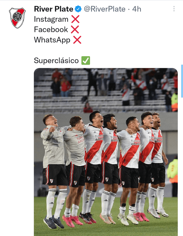 River aprovechó su cuenta de Twitter hablar sobre la caída de las redes sociales, pero recordando su victoria sobre Boca. Foto: @riverplate.
