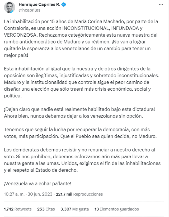 Inhabilitan a María Corina Machado | Primarias Venezuela | Chavismo | Venezuela | Henrique Capriles | Twitter 