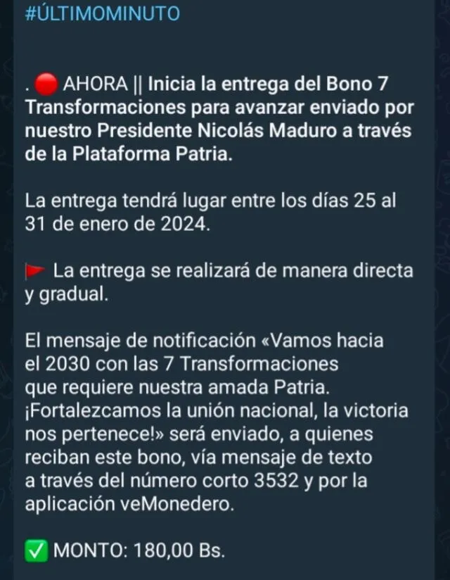 Anuncio del pago correspondiente al Segundo Bono Especial de enero 2024. Foto: Canal Patria Digital   