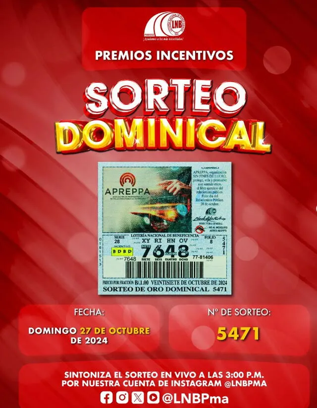 El Sorteo Dominical 5471 se llevará a cabo este domingo 27 de octubre. Foto: LNB Panamá / Instagram   