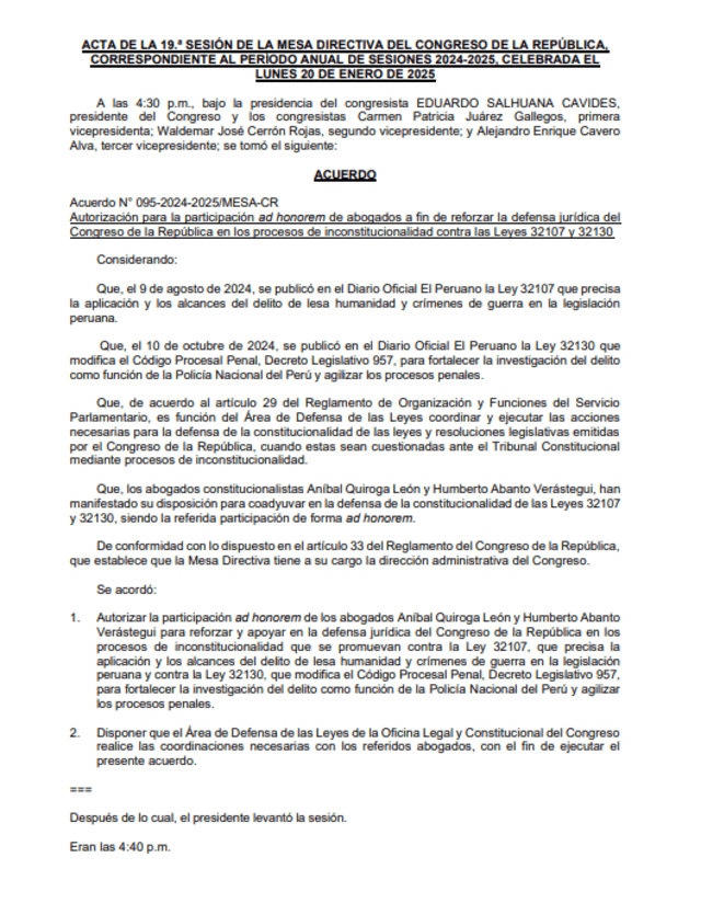 Acuerdo de la Mesa Directiva que faculta a Quiroga y Abanto para laborar ad honorem en defensa del Congreso | Foto: Congreso.    