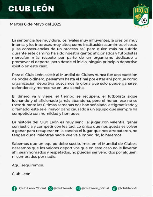 Comunicado del Club León. Foto: club_leonoficial / Instagram Comunicado del Club León. Foto: club_leonoficial / Instagram