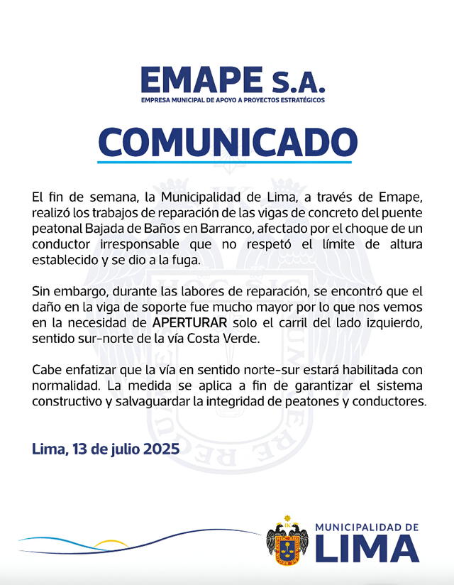  Comunicado Emape tras cierre de la Costa Verde. Foto: Emape   