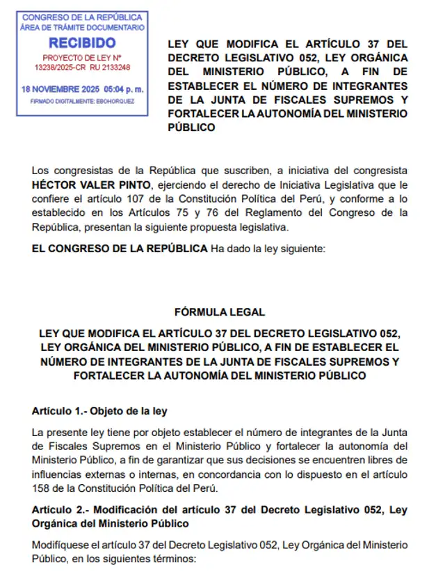 Proyecto de Ley presentado por Valer. Foto: Congreso Proyecto de Ley presentado por Valer. Foto: Congreso