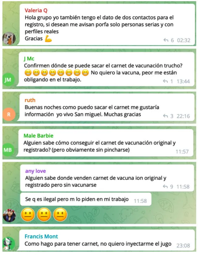 Decenas de personas recurren a Telegram para comprar carnets falsos. Foto: Salud con Lupa