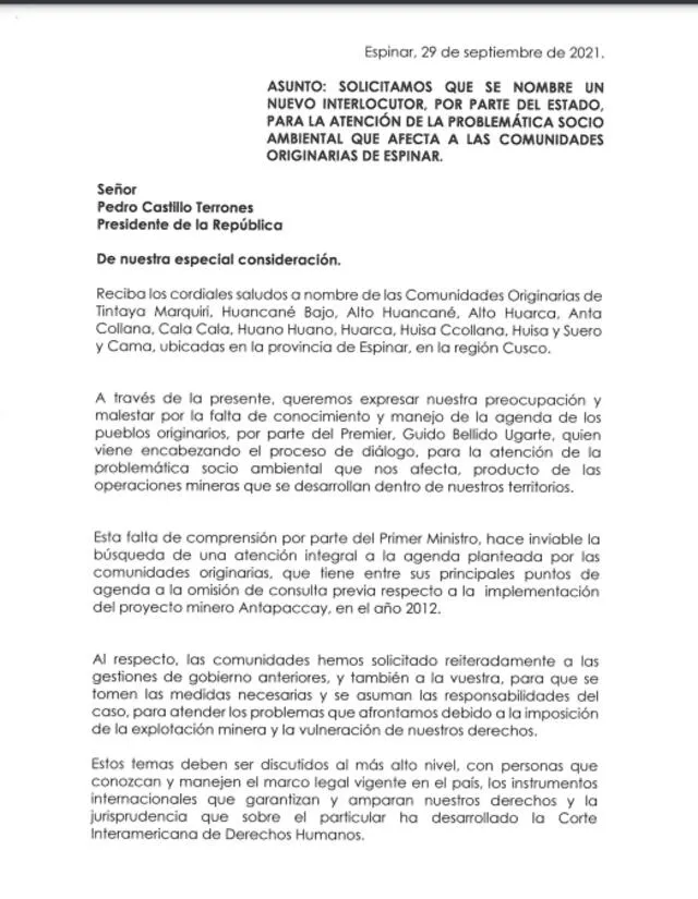 Carta a presidente Pedro Castillo.