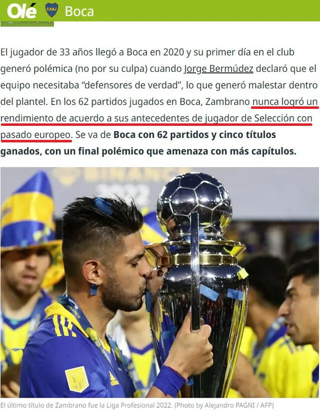 Así resumió el diario argentino el paso de Zambrano por Boca Juniors. Foto: Olé