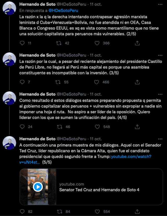 Tuits de Hernando de Soto luego de su reunión con Ted Cruz. Fuente: Twitter.