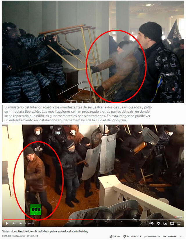 Comparación. En la parte superior de la imagen se encuentra la foto reportada por la BBC; y en la parte inferior, una captura del archivo original de RT. Foto: composición.