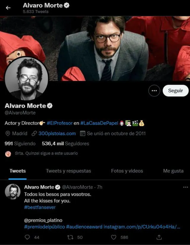 Álvaro Morte, El profesor, en  Twitter