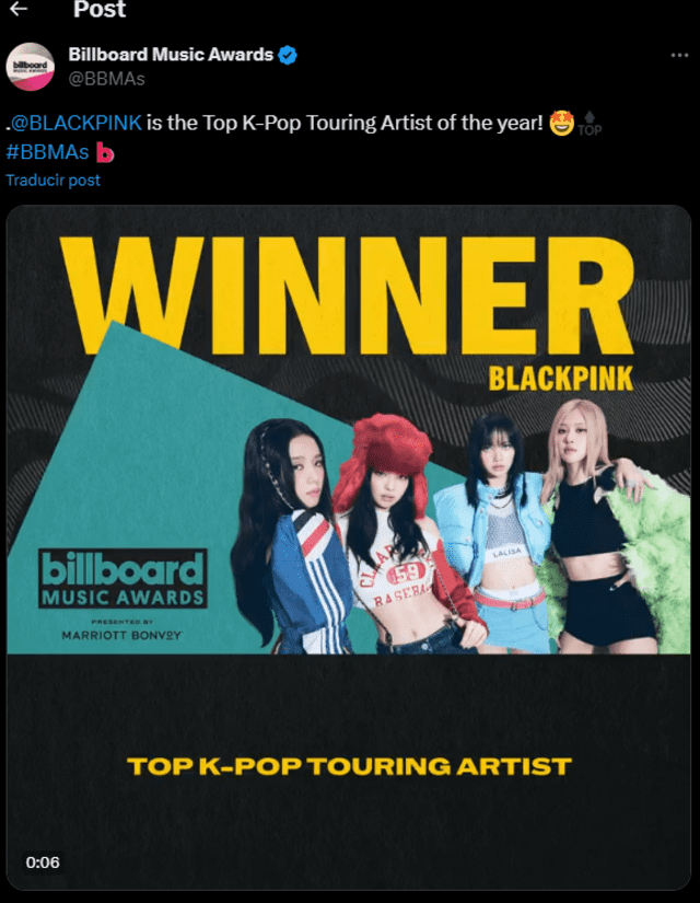  BLACKPINK ganó en su categoría como grupo de k-pop. Foto: Billboard Music Awards   