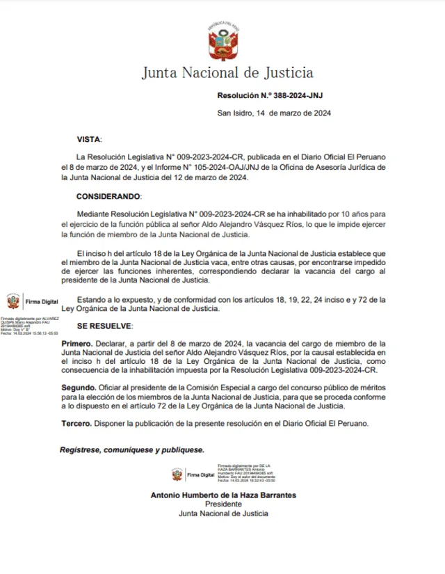 Declaración de vacancia de Aldo Vásquez. Foto: JNJ   