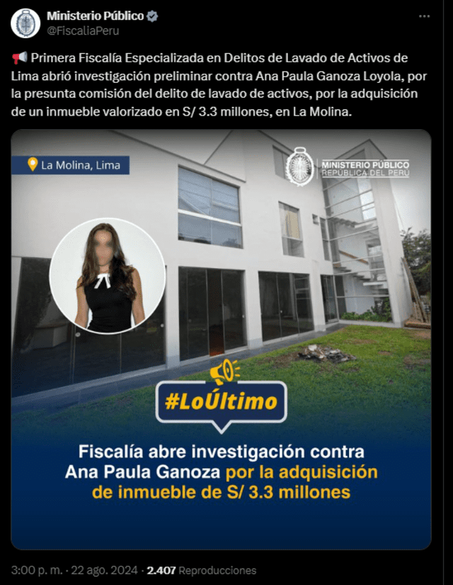 Ministerio Público abre investigación por lavado de activos contra Ana Paula Ganoza. Foto: X (antes Twitter)   