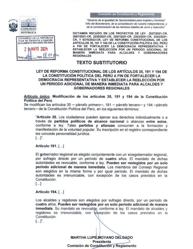 Propuesta que modifica los artículos 35, 191, 194 de la Constitución Política.   