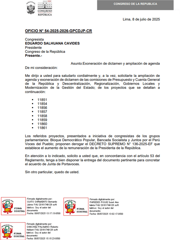 Congresistas piden ampliar la agenda para incluir los proyectos de ley contra el aumento de sueldo de Dina Boluarte. Congresistas piden ampliar la agenda para incluir los proyectos de ley contra el aumento de sueldo de Dina Boluarte.